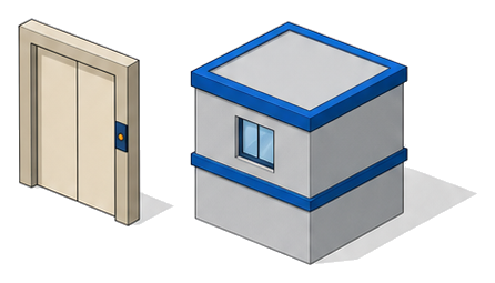 難燃材料で作られた戸と低層の小さな建物を並べた図