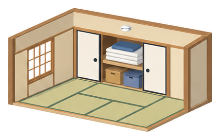 和室の奥にある押入のふすまが開いて上の段に布団と下の段に箱が入り部屋の天井に白く丸い感知器が付いているイラスト