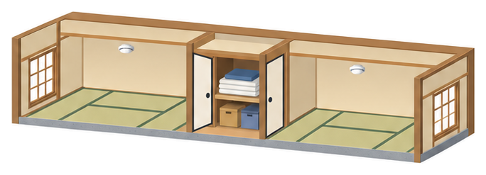 二つの和室の間に一つの押入がありふすまが開いて布団と箱が見え左右の部屋の天井に白く丸い感知器が付いているイラスト