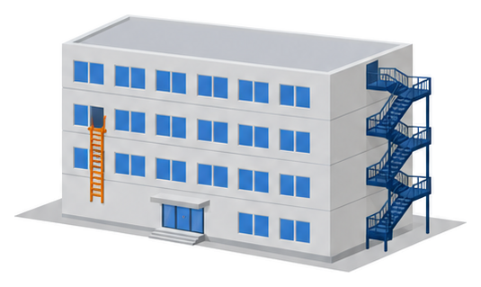 ４階建ての建物の側面に屋外階段が付き窓から避難はしごが下がるイラスト