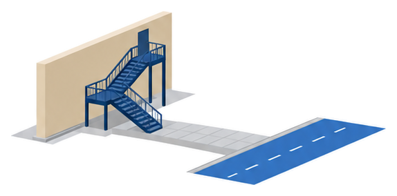 手すりと踊場のある屋外階段の下から通路が道路へ延びるイラスト