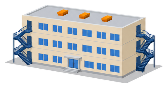 左右に屋外階段のある３階建ての建物の屋上に３つの避難器具の箱が並ぶイラスト