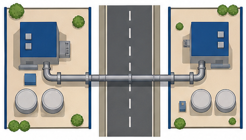道路を横断して2つの事業所をつなぐ配管の俯瞰図のイラスト