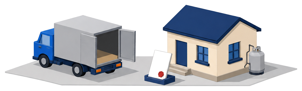 配送トラックとLPガスタンクを設置した住宅に赤い封印のある一枚の書面を添えたイラスト