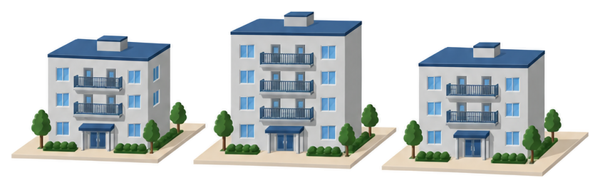 形の違う三つの薄い灰色の建物が並びそれぞれ上の階にバルコニーが付いているイラスト
