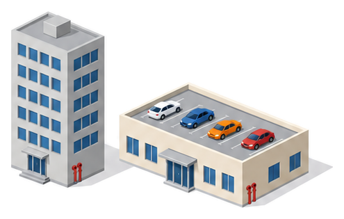 高いビルと屋上に車が並ぶ低い建物のそれぞれに送水口が付いたイラスト
