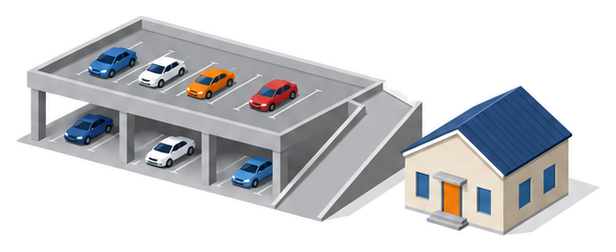 屋上にも車が並ぶ壁のない2段の自走式駐車場と切妻屋根の建物が並んだイラスト