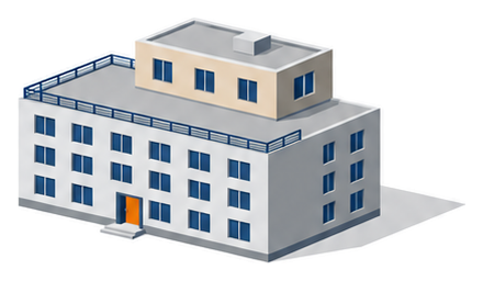 広い下の棟の屋上の奥に細い上の棟が載り手前が平らな屋上になった建物のイラスト