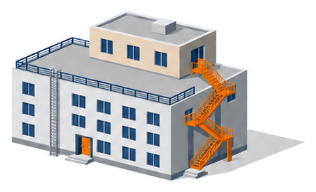 下の棟の屋上から地上へ外階段と避難はしごが降りている建物のイラスト