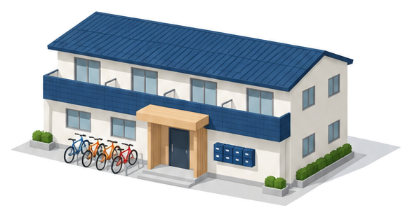 玄関の横に自転車が並び外壁に小さな郵便受けが並ぶ二階建てのシェアハウスの建物のイラスト