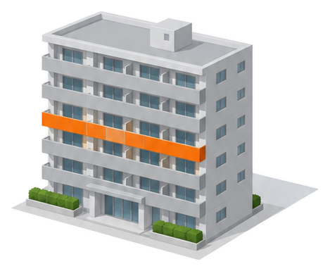 六階建ての灰色のマンションのうち一つの階の窓まわりだけが橙色に塗られたイラスト