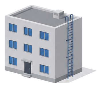 建物の外壁に縦棒と横桟のある固定はしごが取り付けられたイラスト