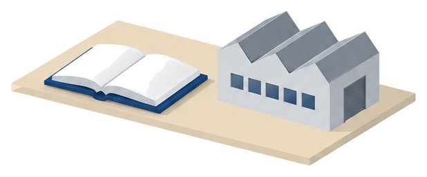 机の上に開いた法令集が置かれその横にのこぎり屋根の平屋の工場が描かれたイラスト