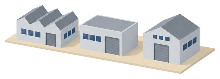 屋根の形が違う３棟の灰色の工場が並んで建っているイラスト
