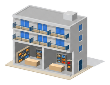 二つの小さな店舗が厚いコンクリートの壁で仕切られ上の階に住戸があるマンションの一階部分の断面イラスト