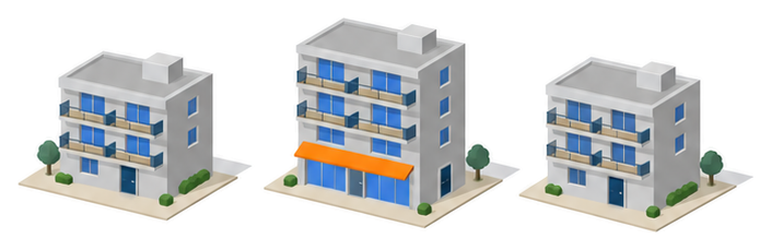 三つの異なるマンションが別々の敷地に並び真ん中の建物の一階にオレンジのひさしの小さな店舗があるイラスト