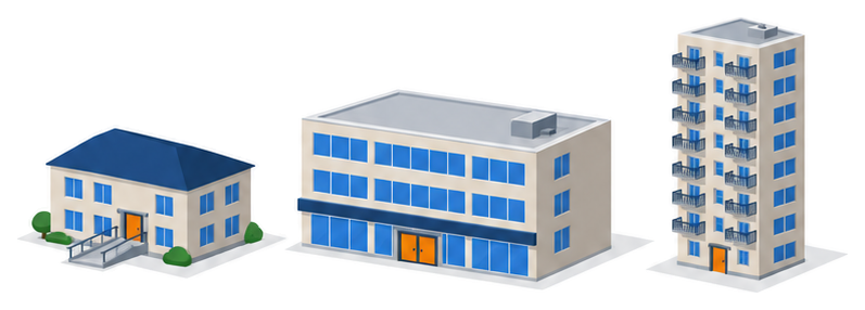 福祉施設と百貨店と共同住宅の建物が並んだイラスト