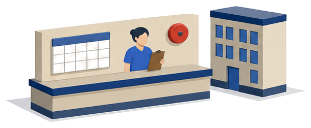 受付でクリップボードを持つ職員の背後に壁掛けカレンダーと火災報知設備がある様子で確認の手順を示したイメージ