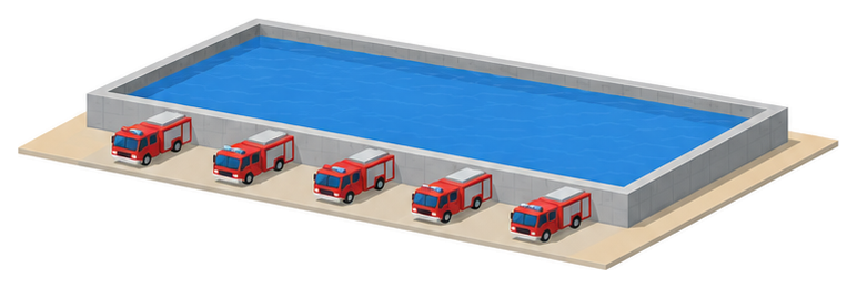 大きな長方形の貯水池のふちに赤い消防ポンプ自動車が五台横に並んでいるイラスト