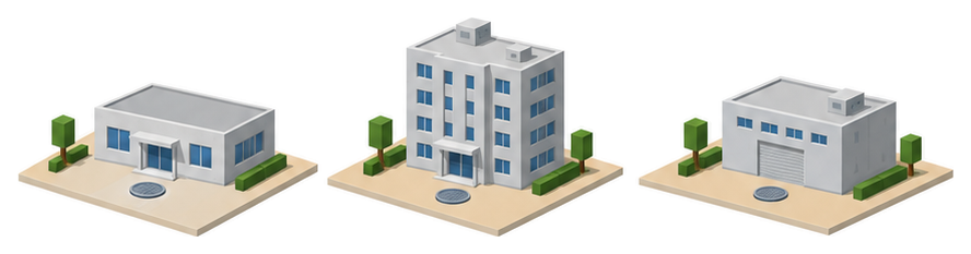 形の違う三つの薄い灰色の建物が並びそれぞれの前の地面に小さな丸いふたが一つずつあるイラスト