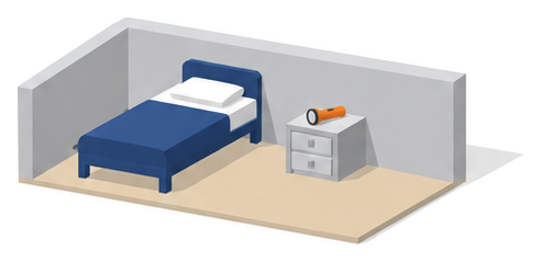 ベッドの横の小さな台に懐中電灯が置かれた客室のイラスト