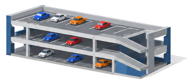 三階建ての自走式駐車場の断面で一階と上の階に小さな車が止まり階の間をスロープがつなぐイラスト