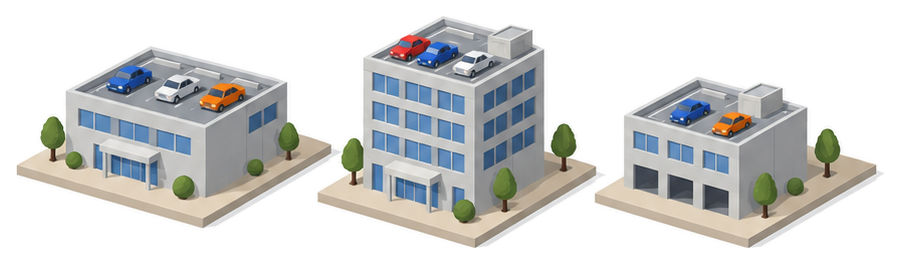 形の違う三つの灰色の建物が並びそれぞれの平らな屋上に小さな車が何台か止まっているイラスト
