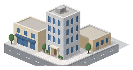 低い建物にはさまれた街角に細長い中層の灰色の事務所ビルが立つイラスト