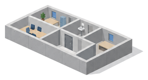 コンクリートの建物の最上階が厚い壁で小さな部屋に仕切られ灰色の鉄の防火戸が付いたイラスト