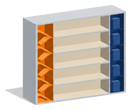 ５階建ての建物の左端に階段のたて穴があり右端に昇降路のたて穴があるイラスト