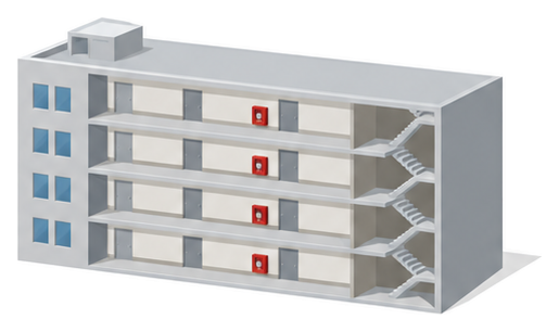 四階建ての事務所ビルの断面で各階の廊下に赤い消火栓箱が一つずつ並ぶイラスト