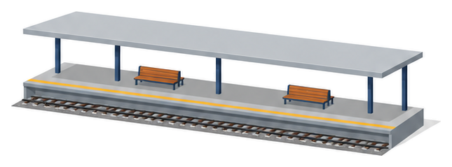 柱で支えた平らな屋根の下に長い駅のホームが続き片側が外に開いているイラスト