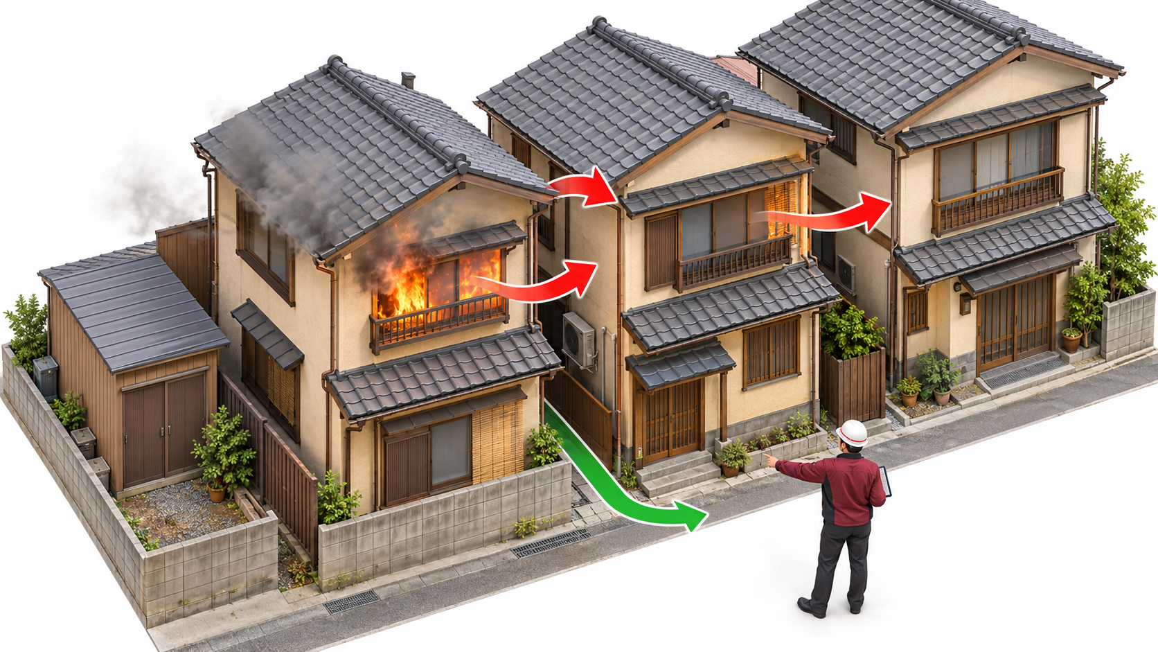 連棟住宅から隣家や倉庫へ火が及ぶ可能性と避難方向を示した一般的なアイソメ図解