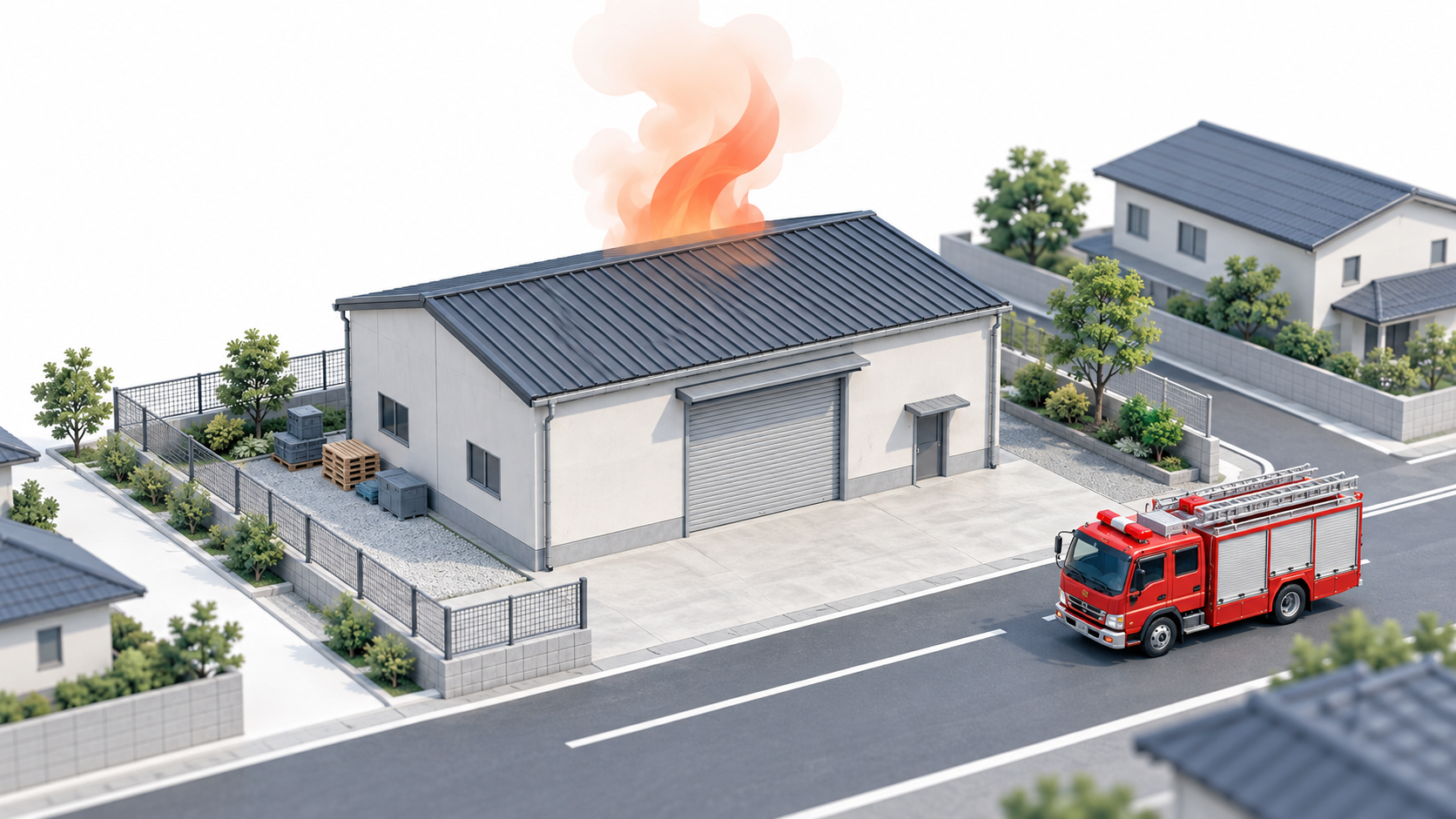 住宅地の小規模倉庫と消防車を示す一般的なアイソメ図解
