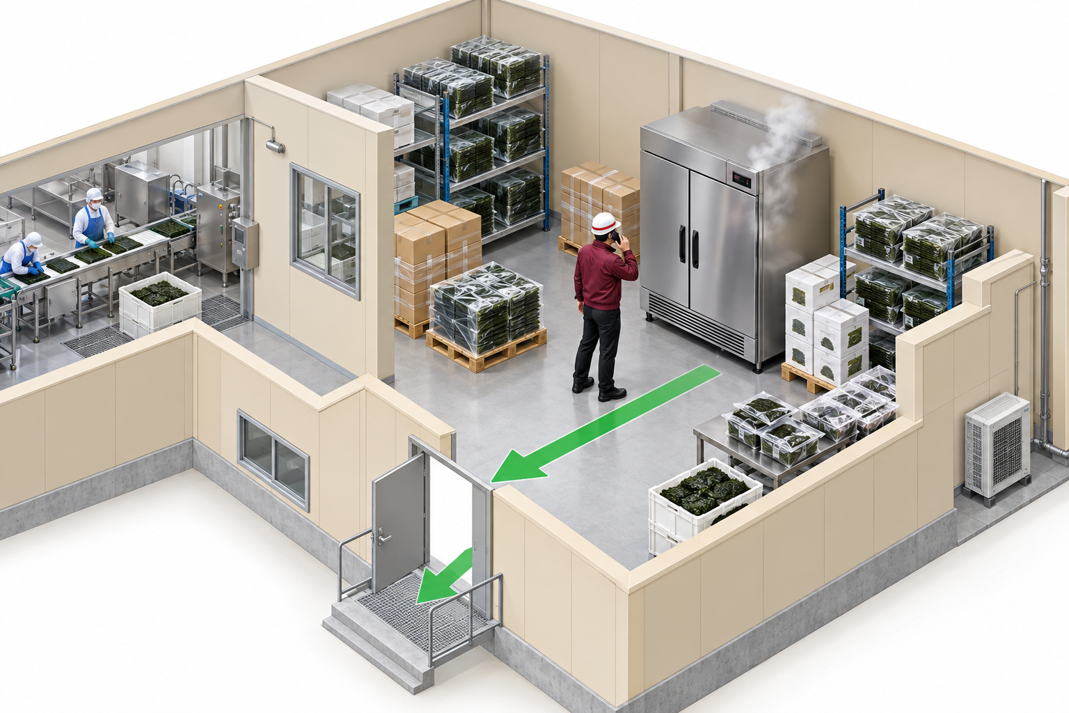 のり加工工場で冷蔵設備の異常を見つけ退避するイメージ図