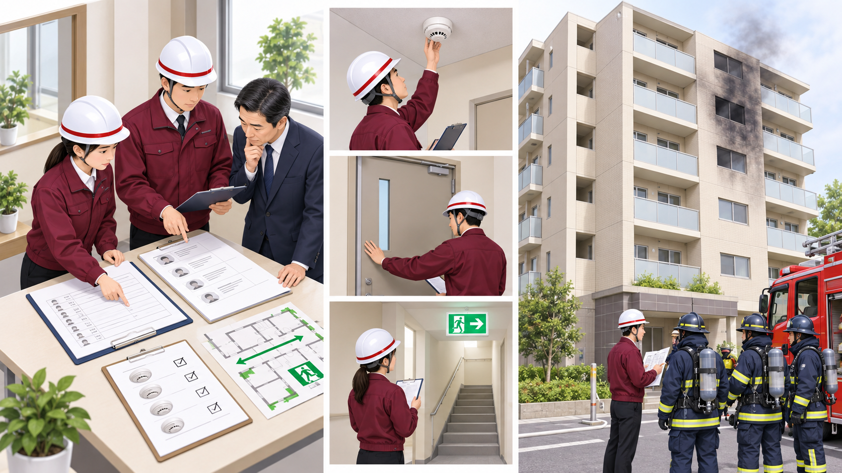 共同住宅の連絡網・警報器・避難経路を点検し消防隊へ情報提供する㈱防災屋の担当者