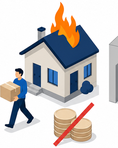 燃える自宅から荷物を運び出す人と補償に赤い斜線が付いたイラスト