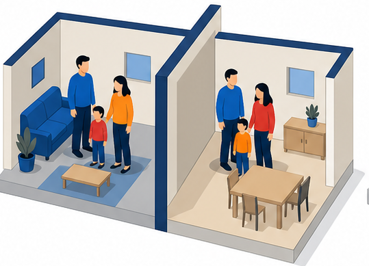 壁を隔てて別々の世帯が住む2戸のイラスト