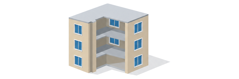 三階建ての建物の中央に、二つの階を貫く高い吹抜がある断面のイメージ