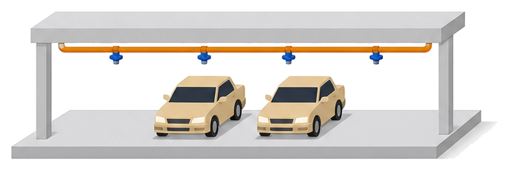 天井の配管に並ぶ噴霧ヘッドとその下に止まった2台の車を描いたイラスト