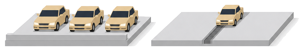 車が並ぶ駐車フロアと車が走る道路の部分を並べて描いたイラスト