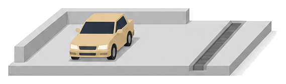 三方を低い堤で囲まれ車路側だけ開いた駐車マスと車路の排水溝を描いたイラスト