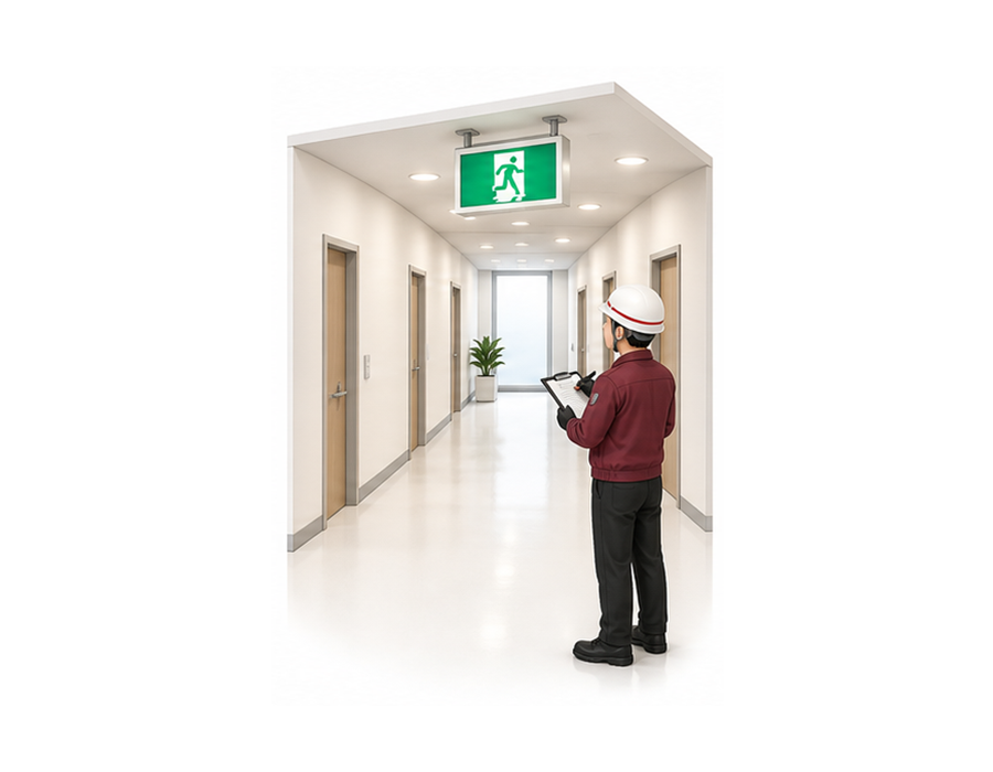 復旧した誘導灯と避難経路を見ながら点検結果を記録する担当者のアイソメ図