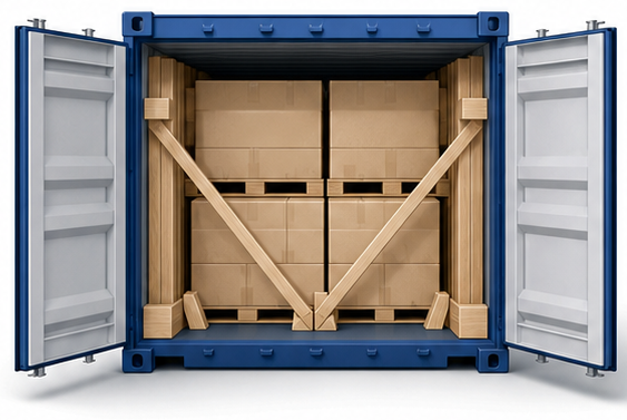 当て木で隙間を埋めて荷物を固定したコンテナ内部