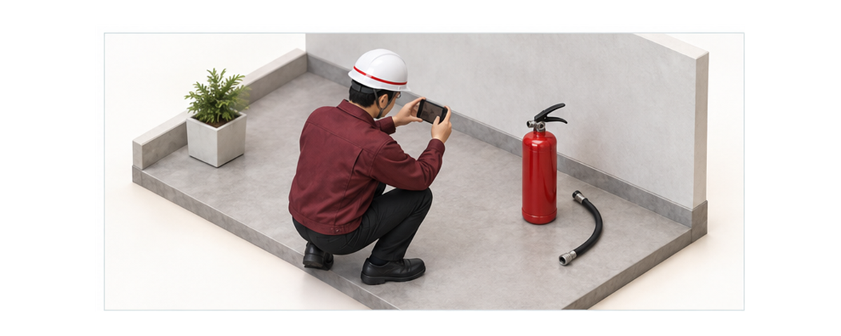接続部からホースが外れた消火器を動かす前に撮影する担当者の横長アイソメ図
