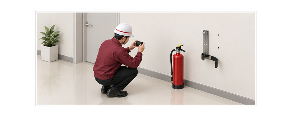 外れた消火器の保持装置と本体を離れて確認する担当者の横長アイソメ図