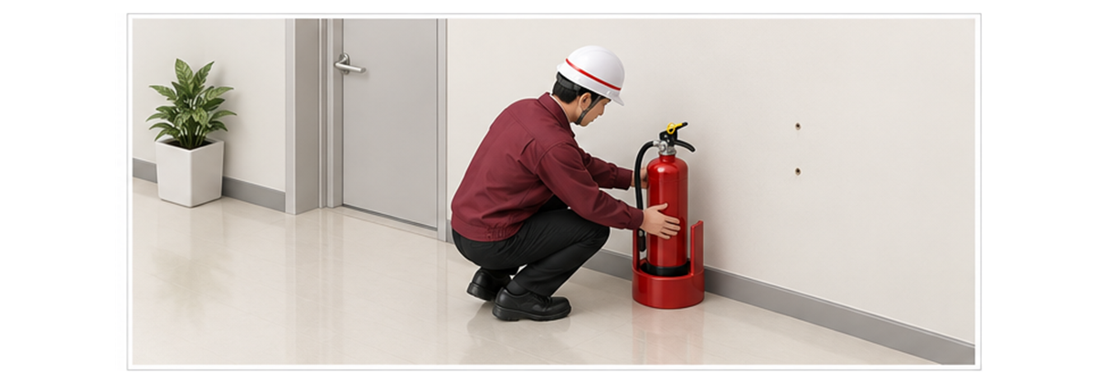 確認済みの消火器を専用置台へ仮配置する担当者の横長アイソメ図