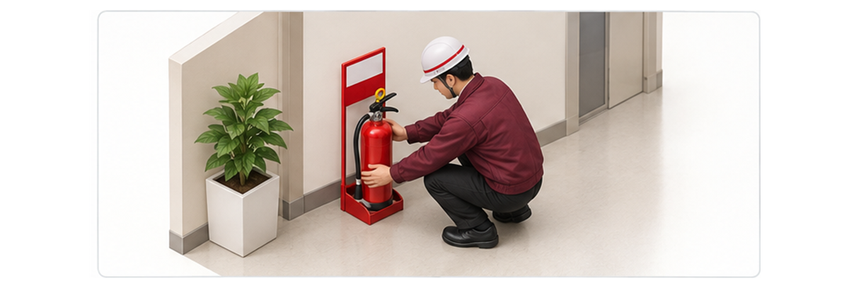 確認済みの代替消火器を専用置台へ配置する担当者の横長アイソメ図