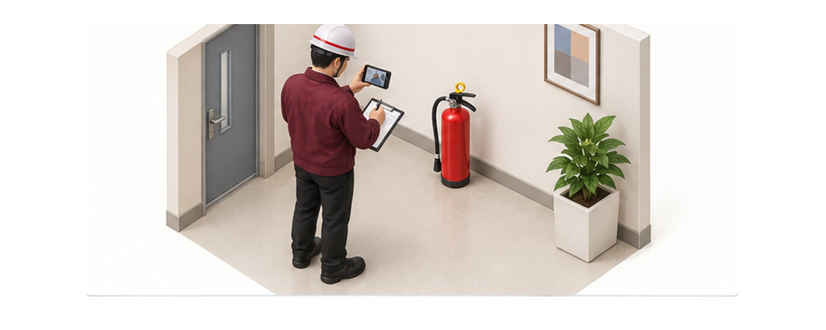 復旧した消火器を撮影して点検記録を更新する担当者の横長アイソメ図