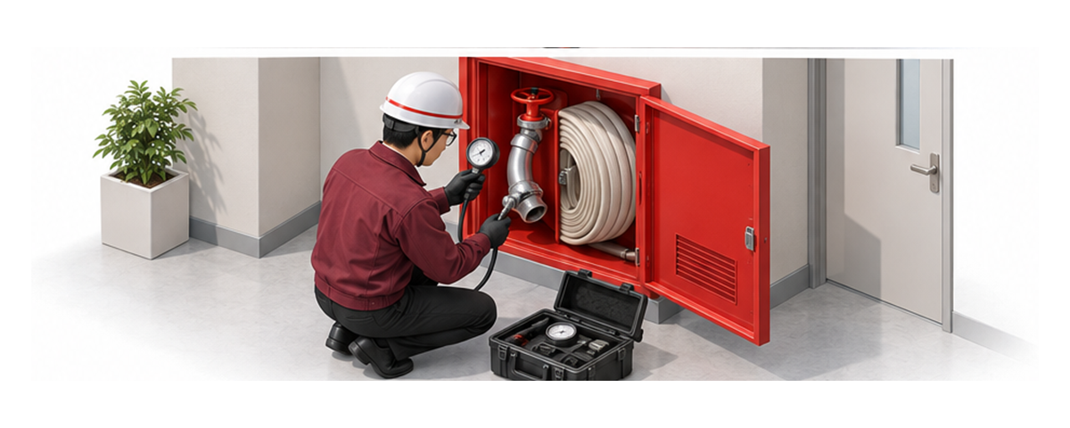 消防設備士が変形した消火栓ノズルの接続と放水性能を専門点検する横長アイソメ図